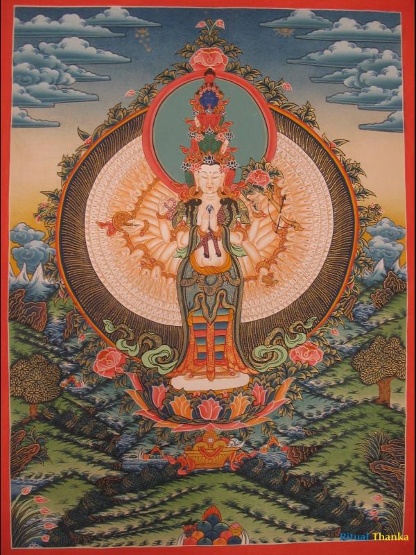 1000 Armed Chengrezig Art | Avalokiteshvara Original Hand Painted Tibetan Thangka | Yoga Meditation Canvas Art for your Peace and wellbeing
